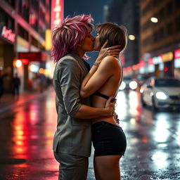 A seductive femboy in a stylish urban setting, passionately kissing another person