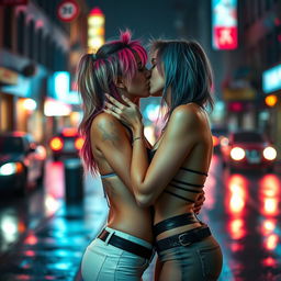 A seductive femboy in a stylish urban setting, passionately kissing another person