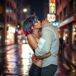 A seductive femboy in a stylish urban setting, passionately kissing another person
