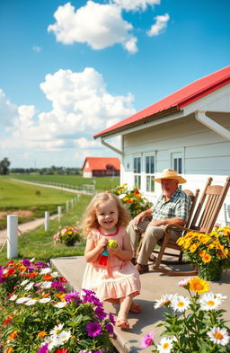 A picturesque scene of a charming farmhouse on a tranquil farm, featuring a sunny day