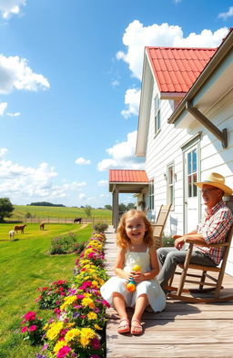 A picturesque scene of a charming farmhouse on a tranquil farm, featuring a sunny day