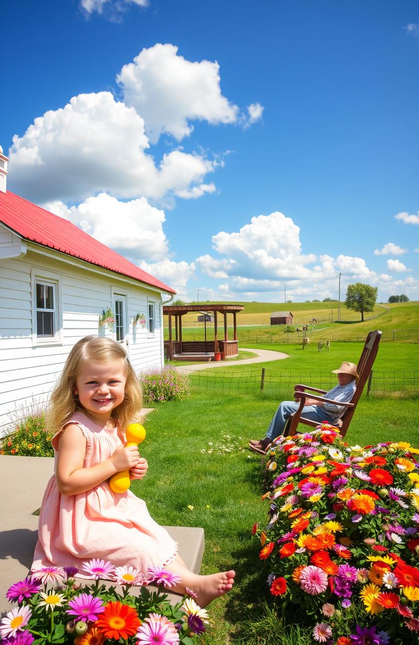 A picturesque scene of a charming farmhouse on a tranquil farm, featuring a sunny day