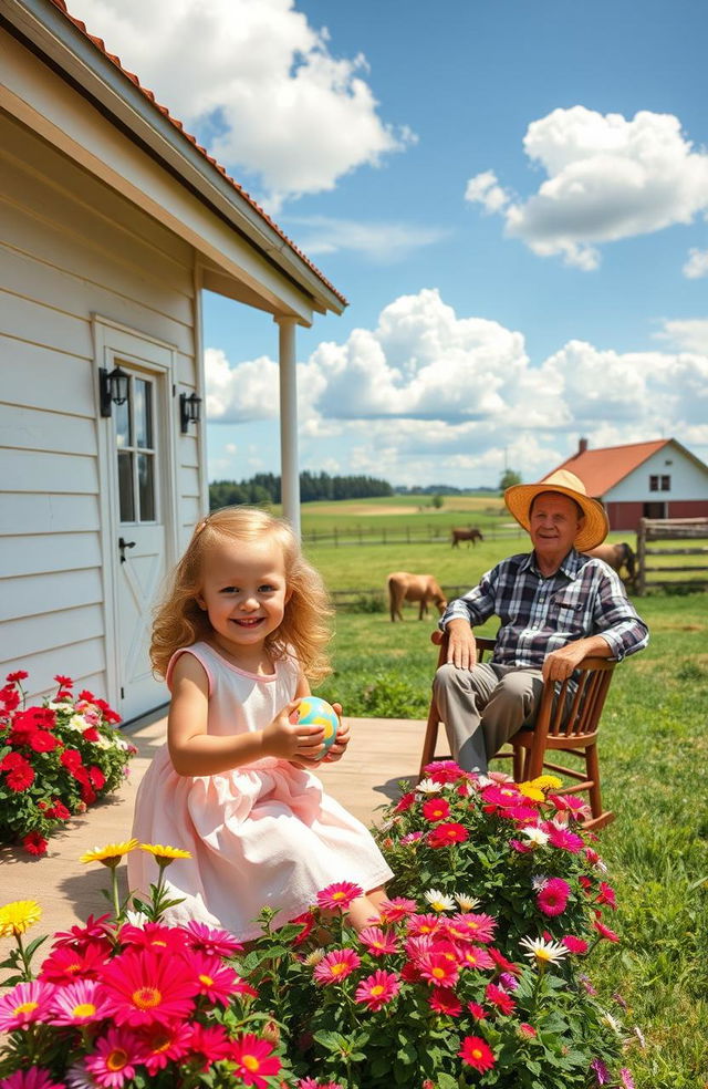 A picturesque scene of a charming farmhouse on a tranquil farm, featuring a sunny day