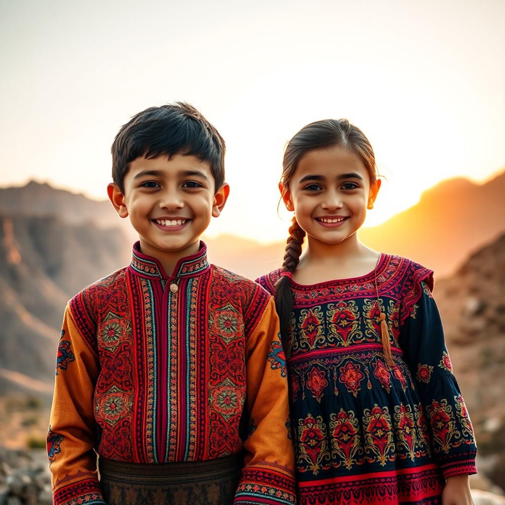 A stunning portrait of a Kurdish boy and girl, showcasing their traditional attire