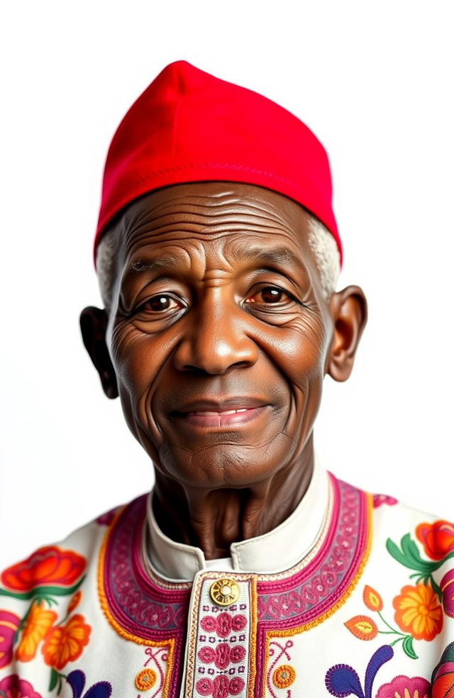 A dignified black elderly man wearing a traditional Igbo red cap (known as a 'fez' or 'okpu agu') and an isiagu, which is a rich, embroidered, traditional shirt