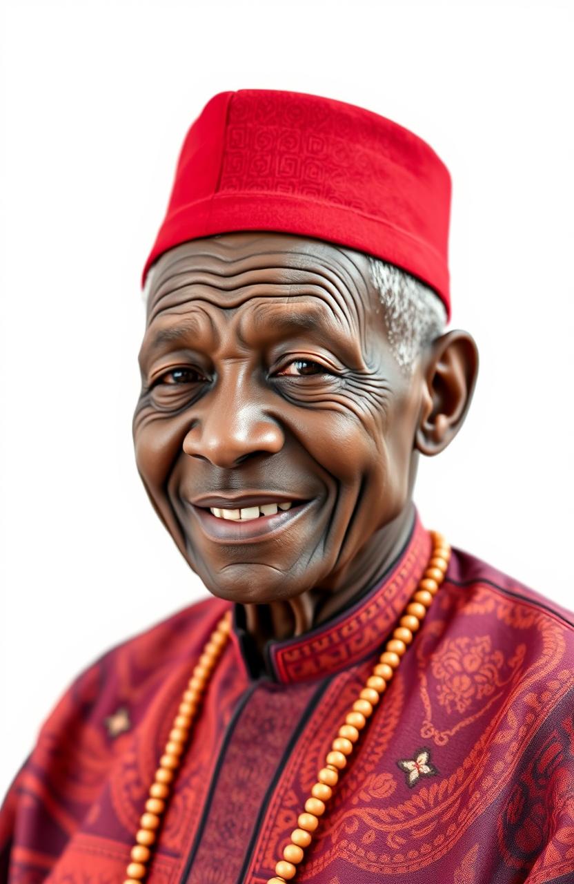 A dignified black elderly man wearing a traditional Igbo red cap (known as a 'fez' or 'okpu agu') and an isiagu, which is a rich, embroidered, traditional shirt