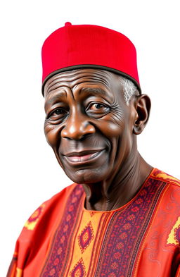 A dignified black elderly man wearing a traditional Igbo red cap (known as a 'fez' or 'okpu agu') and an isiagu, which is a rich, embroidered, traditional shirt