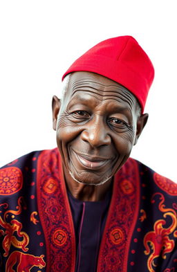 A dignified black elderly man wearing a traditional Igbo red cap (known as a 'fez' or 'okpu agu') and an isiagu, which is a rich, embroidered, traditional shirt