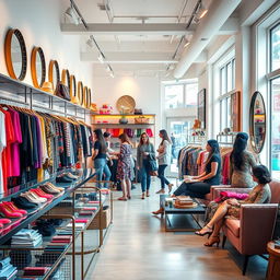 A beautifully designed, modern boutique shop filled with colorful clothes and fashionable accessories
