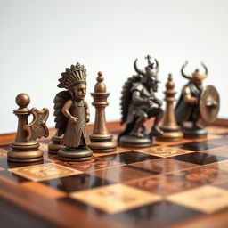 A unique and minimalistic chess set designed for collectors, featuring pieces inspired by Native American motifs and Viking characters