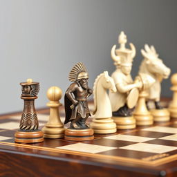 A unique and minimalistic chess set designed for collectors, featuring pieces inspired by Native American motifs and Viking characters