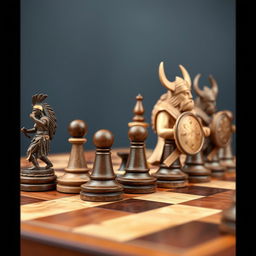 A unique and minimalistic chess set designed for collectors, featuring pieces inspired by Native American motifs and Viking characters