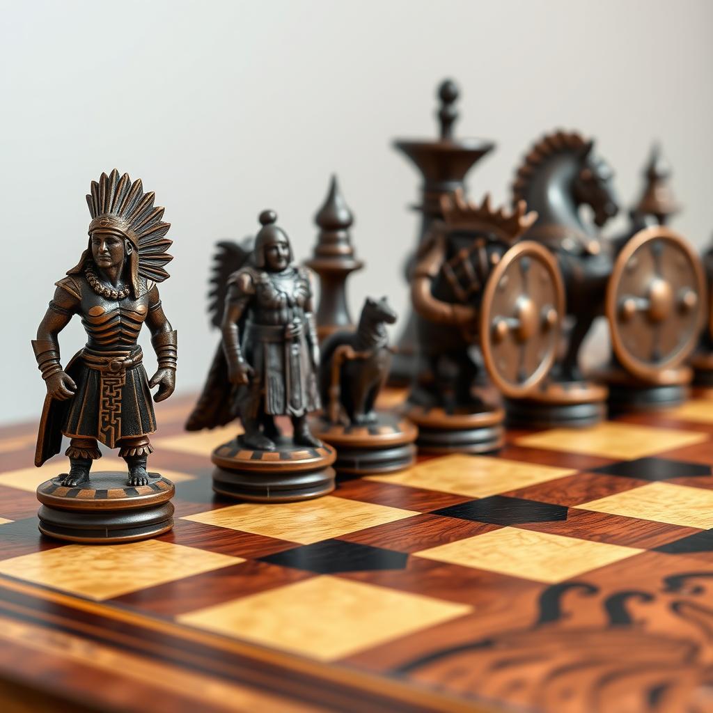A unique and minimalistic chess set designed for collectors, featuring pieces inspired by Native American motifs and Viking characters