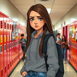 A teenage girl with tan skin and long brown hair, rolling her eyes in a high school corridor