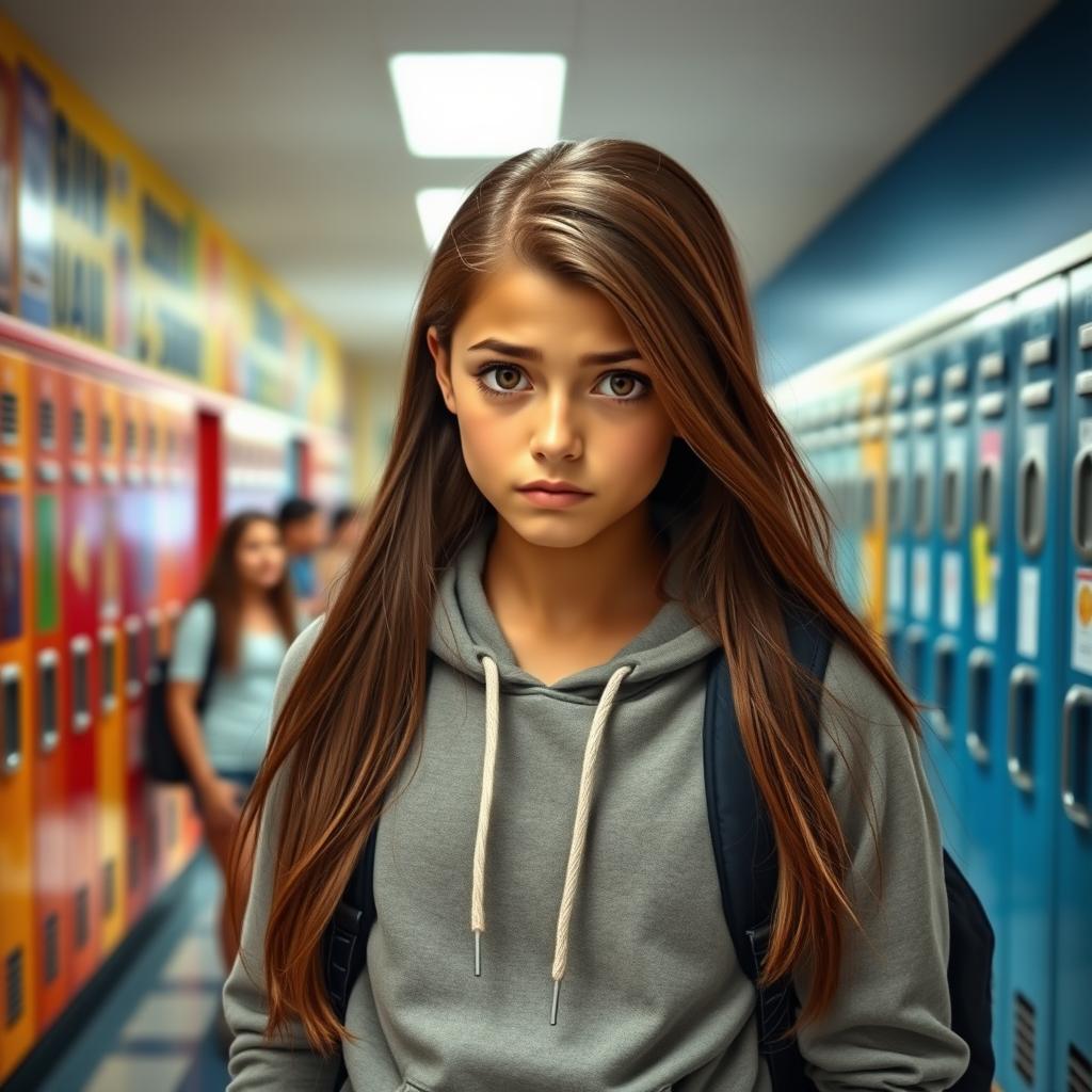 A teenage girl with tan skin and long brown hair, rolling her eyes in a high school corridor