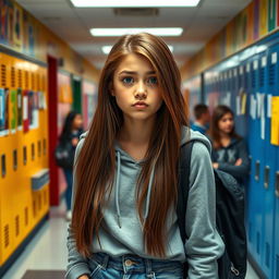 A teenage girl with tan skin and long brown hair, rolling her eyes in a high school corridor