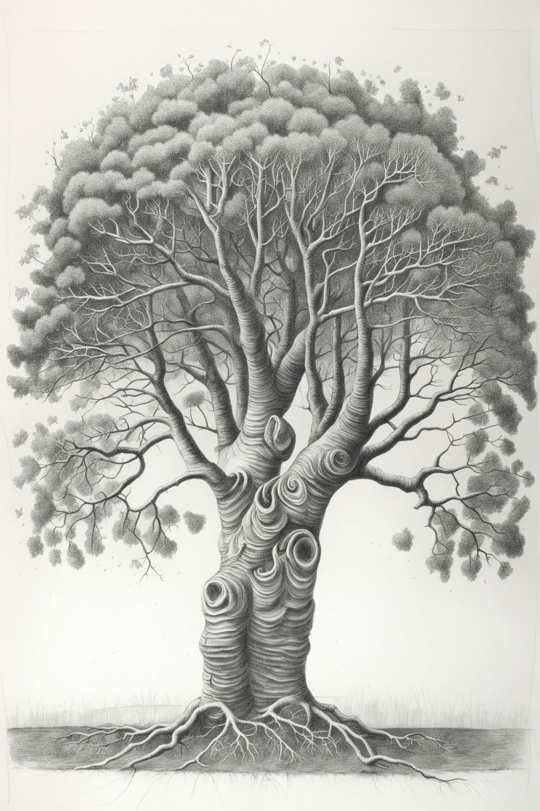 This is a high-quality, detailed pencil drawing of a tree