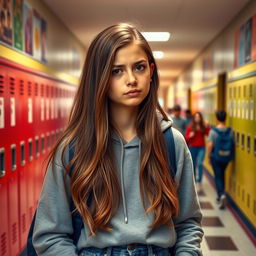 A teenage girl with tan skin and long brown hair, rolling her eyes in a high school corridor