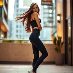 A young woman wearing stylish, form-fitting leggings that accentuate her figure
