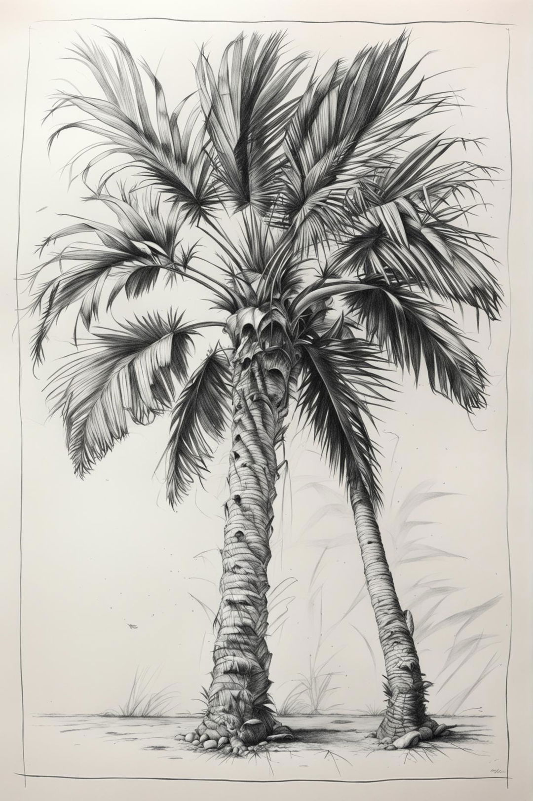 This is a detailed, high-quality pencil drawing of a palm tree