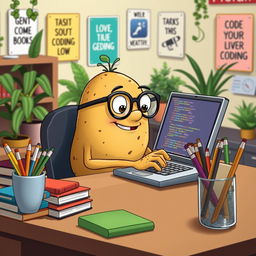 A whimsical scene where a cartoonish potato is sitting at a desk, typing on a laptop with a focused expression