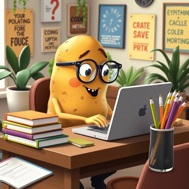 A whimsical scene where a cartoonish potato is sitting at a desk, typing on a laptop with a focused expression