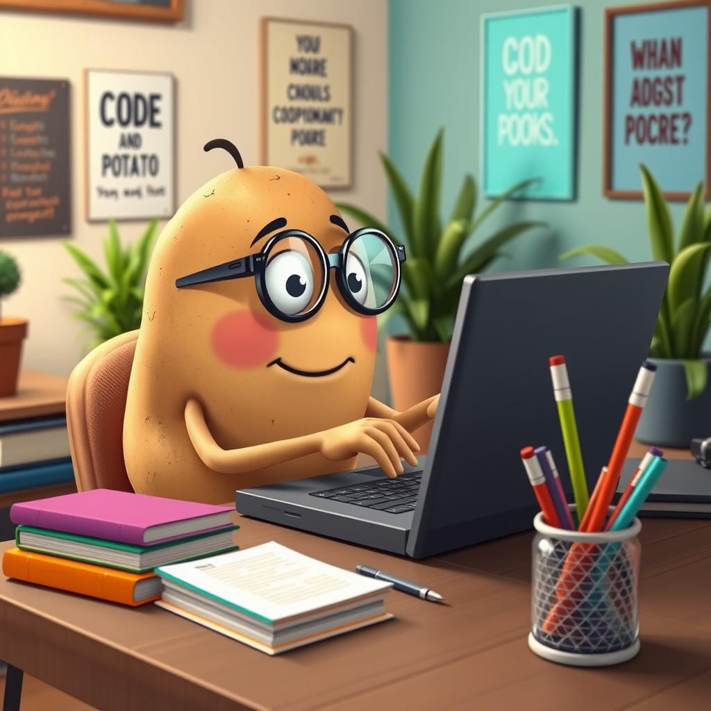 A whimsical scene where a cartoonish potato is sitting at a desk, typing on a laptop with a focused expression