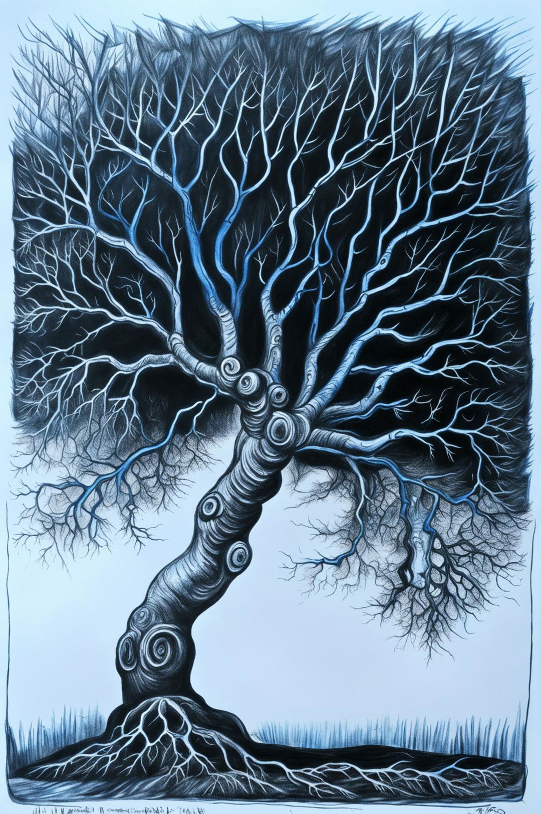 This is a detailed, high-quality blue pen drawing of a dark tree