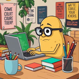 A whimsical scene where a cartoonish potato is sitting at a desk, typing on a laptop with a focused expression