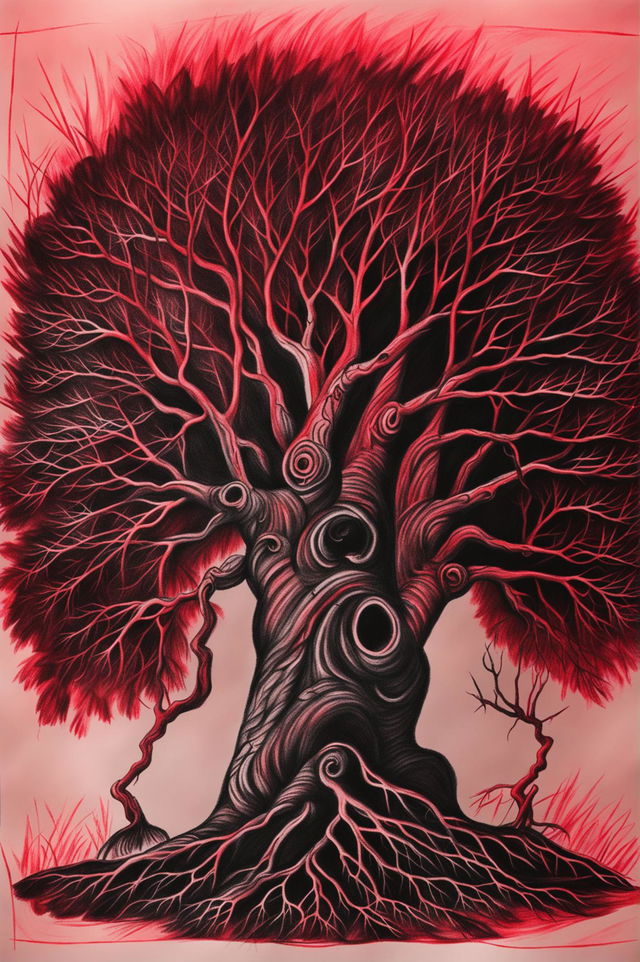 This is a detailed, high-quality red crayon drawing of a dark tree