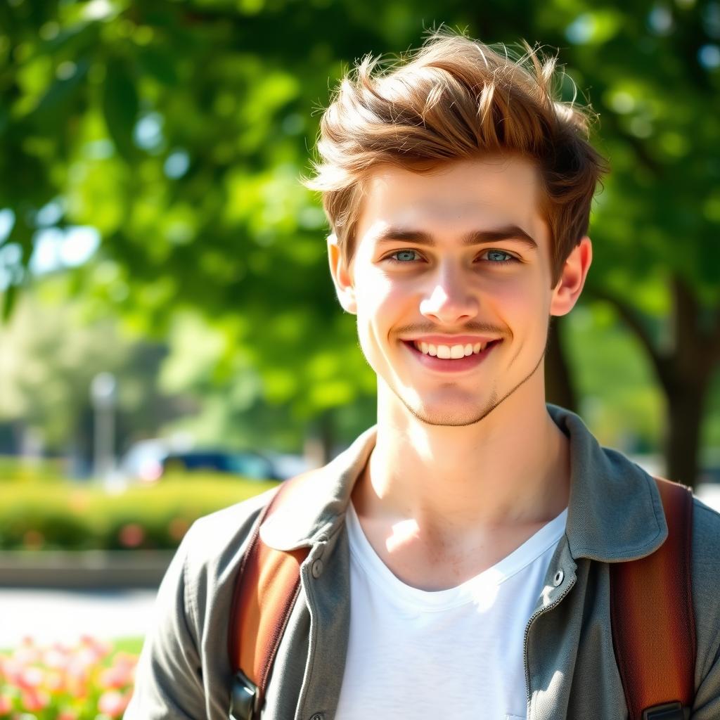 A handsome young man with a charming smile, dressed in a stylish casual outfit, standing outdoors in a sunlit park