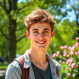 A handsome young man with a charming smile, dressed in a stylish casual outfit, standing outdoors in a sunlit park