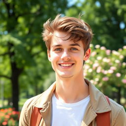 A handsome young man with a charming smile, dressed in a stylish casual outfit, standing outdoors in a sunlit park