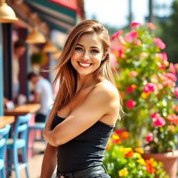 A confident young woman with an attractive physique standing in a playful pose