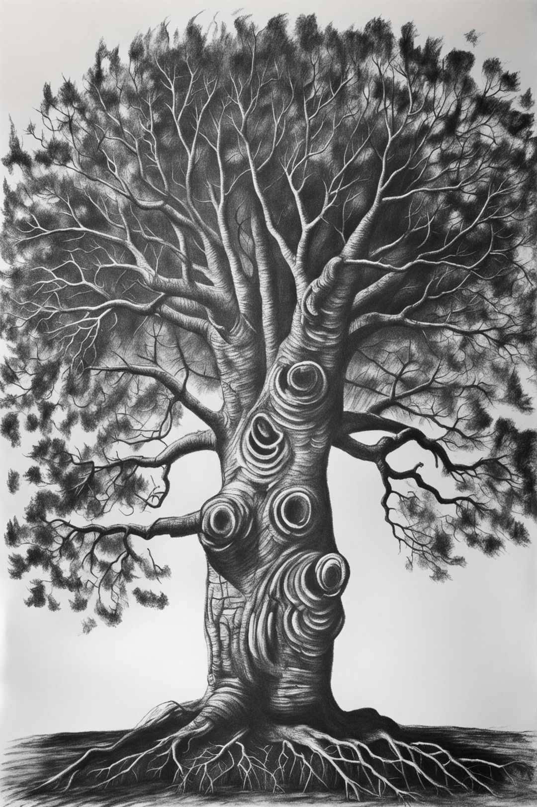 This is a high-quality, detailed charcoal drawing of a serene tree