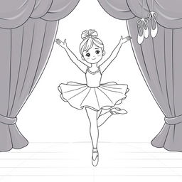 A cute illustration of a girl in a tutu, gracefully lifting one leg in an arabesque posture on a brightly lit stage