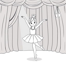 A cute illustration of a girl in a tutu, gracefully lifting one leg in an arabesque posture on a brightly lit stage