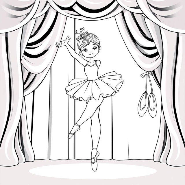 A cute illustration of a girl in a tutu, gracefully lifting one leg in an arabesque posture on a brightly lit stage