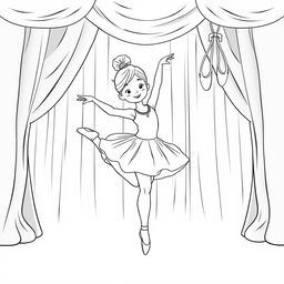A cute illustration of a girl in a tutu, gracefully lifting one leg in an arabesque posture on a brightly lit stage