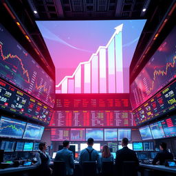 An intricate visualization of stock market intelligence, featuring a modern trading floor with digital screens displaying fluctuating stock prices and candlestick charts