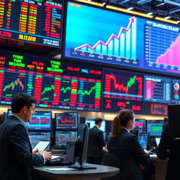 An intricate visualization of stock market intelligence, featuring a modern trading floor with digital screens displaying fluctuating stock prices and candlestick charts