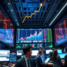 An intricate visualization of stock market intelligence, featuring a modern trading floor with digital screens displaying fluctuating stock prices and candlestick charts