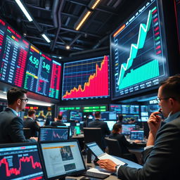 An intricate visualization of stock market intelligence, featuring a modern trading floor with digital screens displaying fluctuating stock prices and candlestick charts
