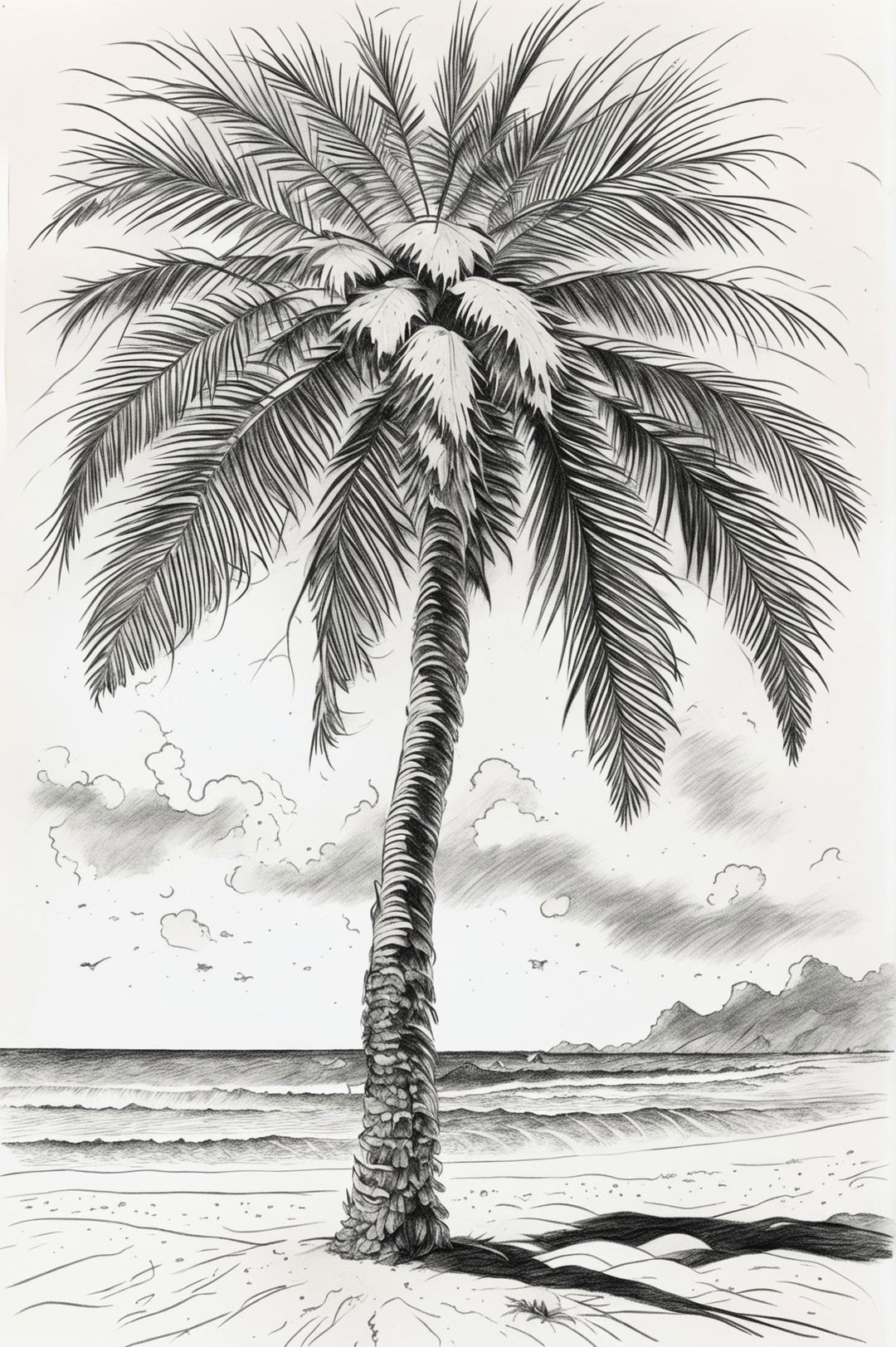 This is a high-quality, detailed drawing of a beach scene featuring a palm tree