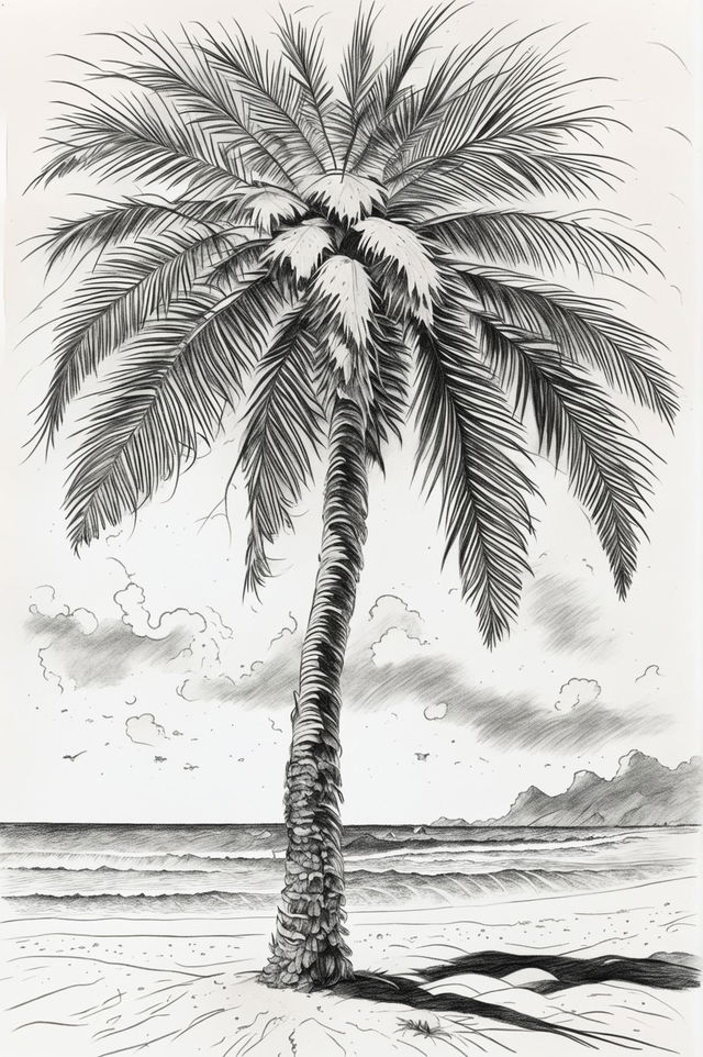 This is a high-quality, detailed drawing of a beach scene featuring a palm tree