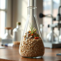 A laboratory scene featuring a glass flask filled with gravel at the bottom, showcasing a picturesque mixture of organic materials and oats