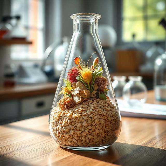 A laboratory scene featuring a glass flask filled with gravel at the bottom, showcasing a picturesque mixture of organic materials and oats