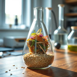 A laboratory scene featuring a glass flask filled with gravel at the bottom, showcasing a picturesque mixture of organic materials and oats