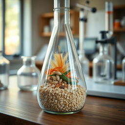 A laboratory scene featuring a glass flask filled with gravel at the bottom, showcasing a picturesque mixture of organic materials and oats