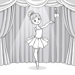 A cute illustration of a girl in a tutu, elegantly lifting one leg in an arabesque posture on a well-lit stage